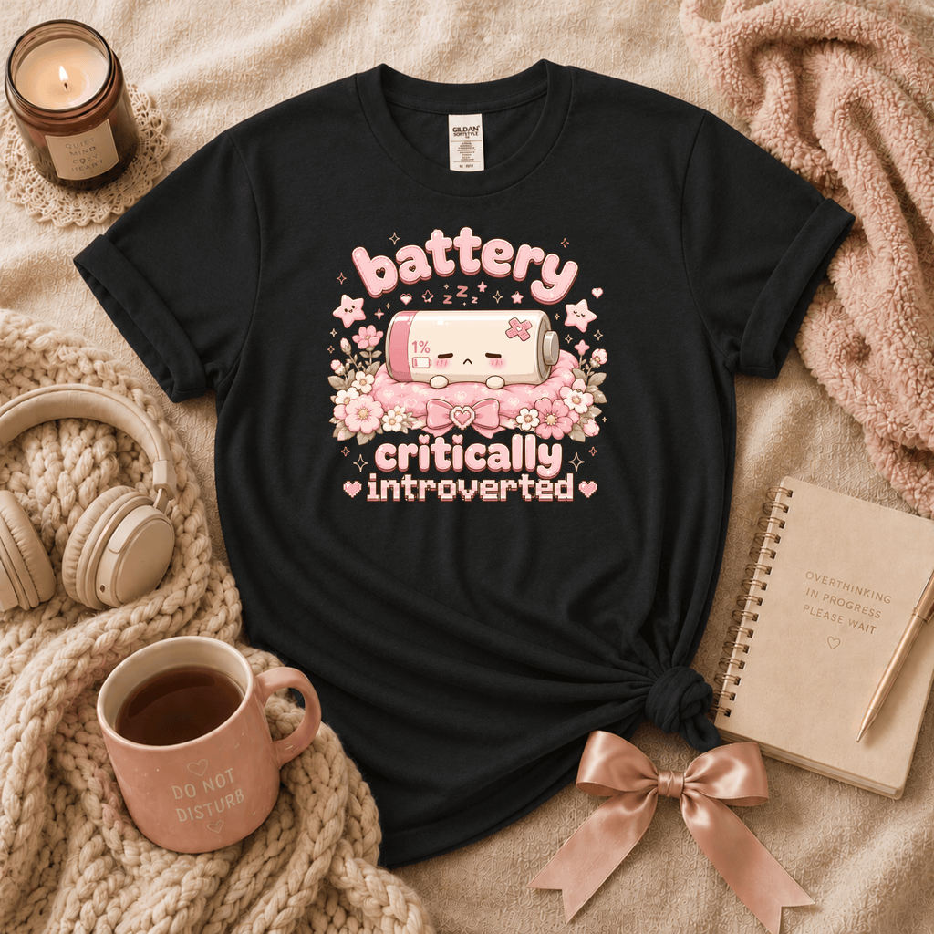 Cute Battery introvert graphic t-shirt cozy flat lay in black.