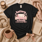 Cute Battery introvert graphic t-shirt cozy flat lay in black.