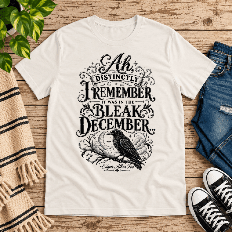 Bleak December Premium T-Shirt in vintage white, flat lay with raven and crescent moon Edgar Allan Poe quote graphic