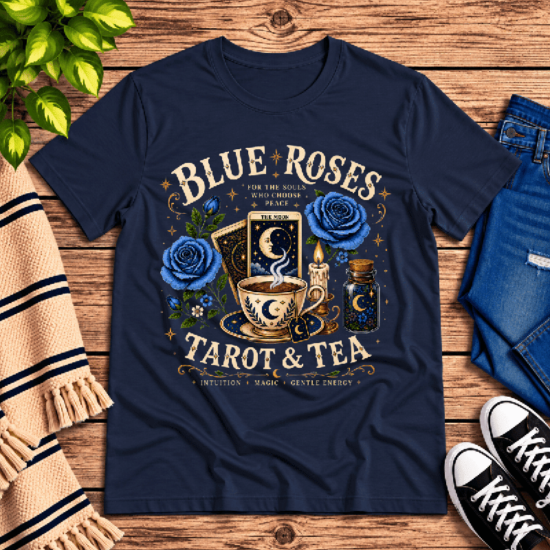Blue Roses Premium T-Shirt in navy blue, flat lay