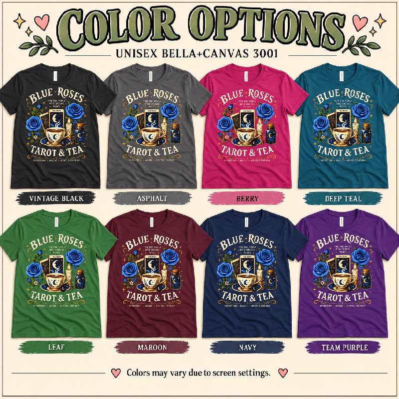 Blue Roses Premium T-Shirt color chart: Vintage Black, Asphalt, Berry, Deep Teal, Leaf, Maroon, Navy, Team Purple