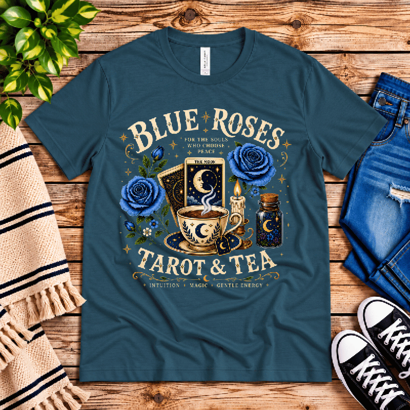 Blue Roses Premium T-Shirt in deep teal, flat lay with neck tag showing