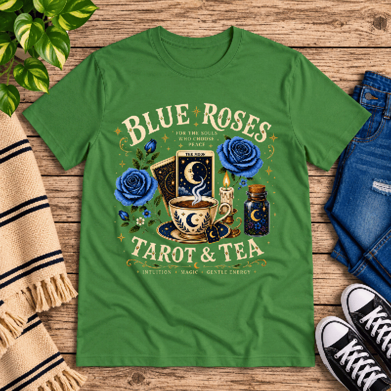 Blue Roses Premium T-Shirt in leaf green, flat lay with tarot card and teacup graphic