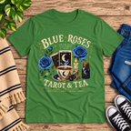 Blue Roses Premium T-Shirt in leaf green, flat lay with tarot card and teacup graphic
