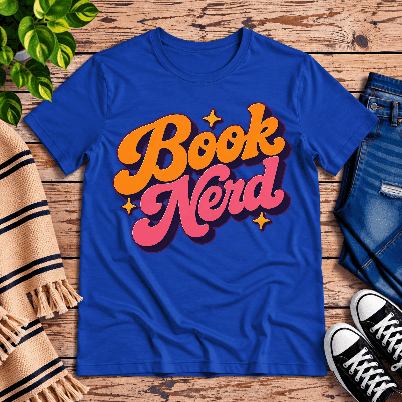 Book Nerd Premium T-Shirt in true royal blue, flat lay