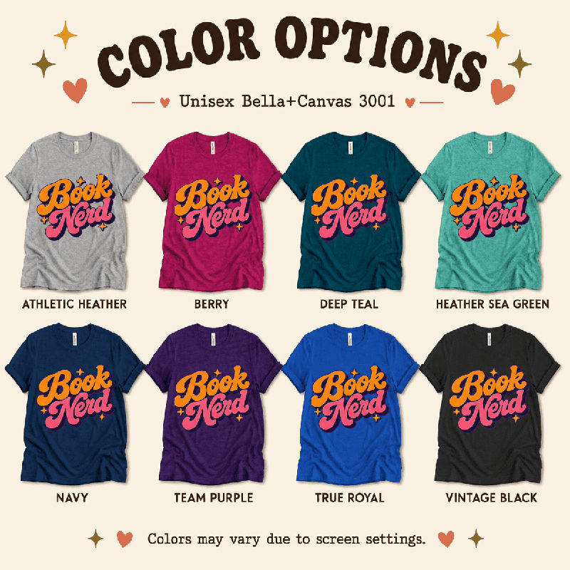 Book Nerd Premium T-Shirt color chart: Athletic Heather, Berry, Deep Teal, Heather Sea Green, Navy, Team Purple, True Royal, Vintage Black