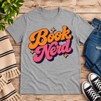 Book Nerd Premium T-Shirt in athletic heather gray, flat lay with retro Book Nerd script graphic