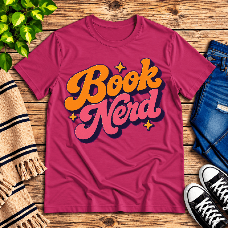 Book Nerd Premium T-Shirt in berry, flat lay