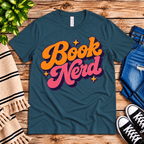 Book Nerd Premium T-Shirt in deep teal, flat lay with neck tag showing