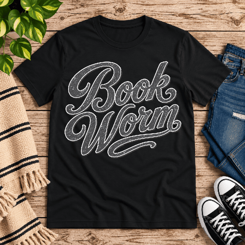 Book Worm Premium T-Shirt in vintage black, flat lay with retro script graphic
