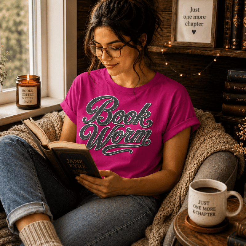 Woman reading by a window wearing the Book Worm Premium T-Shirt in berry, with string lights and a mug nearby