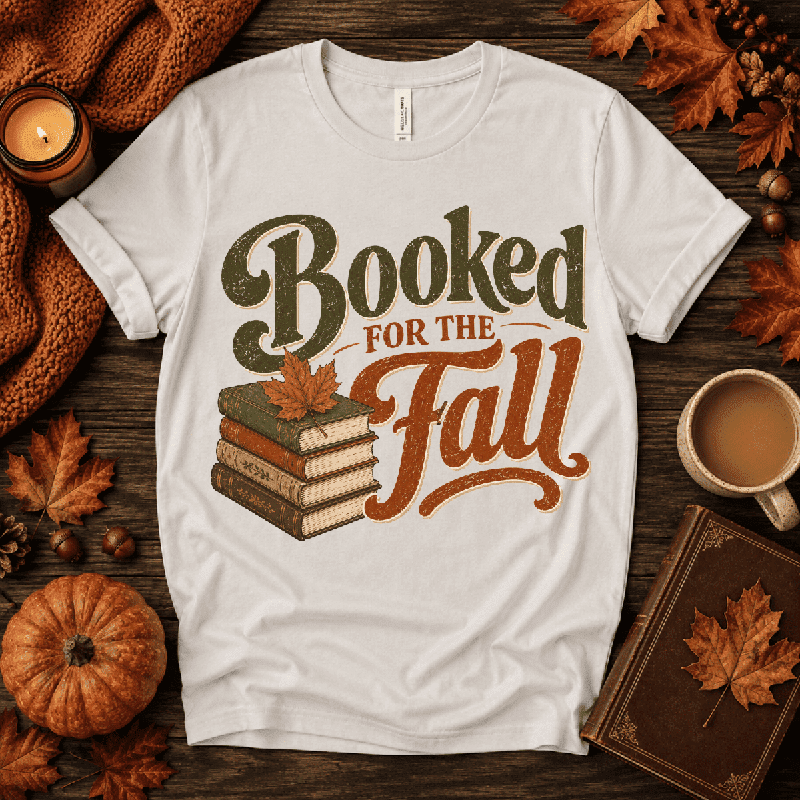 Booked For Fall Premium T-Shirt in vintage white, flat lay with autumn book-stack and maple leaf graphic