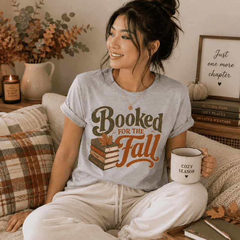Woman sitting on a couch wearing the Booked For Fall Premium T-Shirt in athletic heather gray, holding a mug