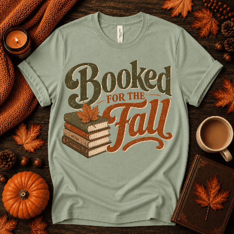 Booked For Fall Premium T-Shirt in sage green, flat lay