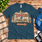 Booked & Unavailable Premium T-Shirt in steel blue, flat lay with neck tag showing