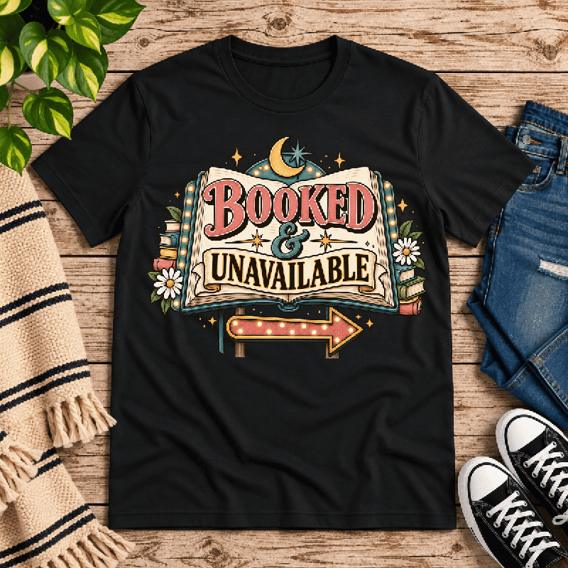 Booked & Unavailable Premium T-Shirt in black, flat lay with open-book and crescent moon graphic