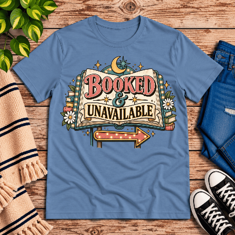 Booked & Unavailable Premium T-Shirt in steel blue, flat lay