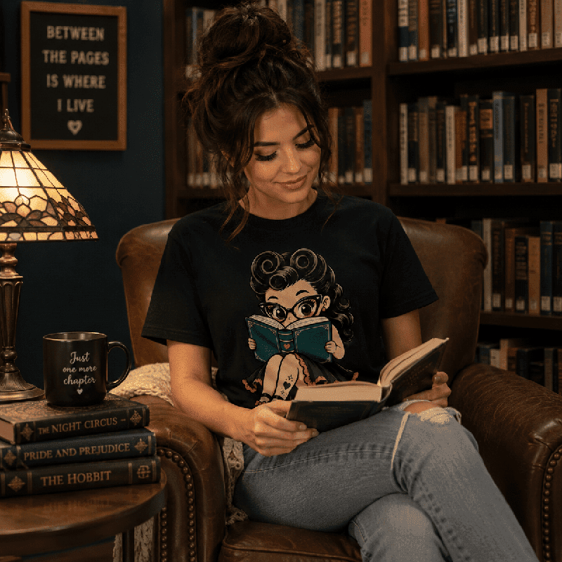 Woman reading in an armchair wearing the Bookworm Betty Premium T-Shirt in vintage black, surrounded by bookshelves