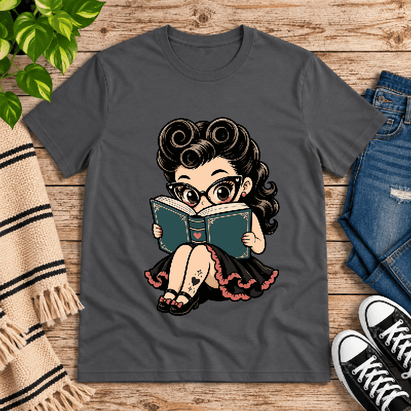 Bookworm Betty Premium T-Shirt in asphalt gray, flat lay
