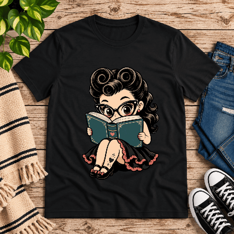 Bookworm Betty Premium T-Shirt in vintage black, flat lay