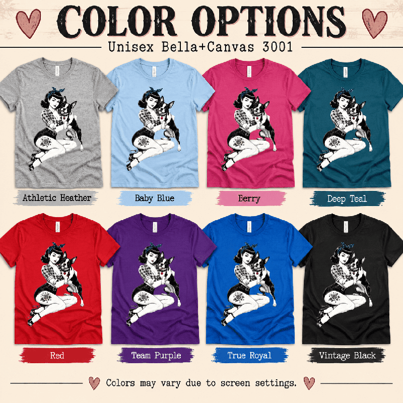 Boston Love Premium T-Shirt color chart: Athletic Heather, Baby Blue, Berry, Deep Teal, Red, Team Purple, True Royal, Vintage Black