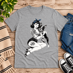 Boston Love Premium T-Shirt in heather gray, flat lay with vintage pinup woman and Boston Terrier graphic