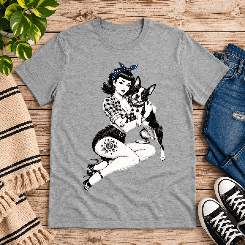 Boston Love Premium T-Shirt in heather gray, flat lay with vintage pinup woman and Boston Terrier graphic