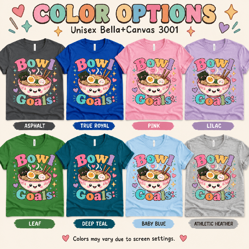 Bowl Goals Premium T-Shirt color chart: Asphalt, Athletic Heather, Baby Blue, Deep Teal, Leaf, Lilac, Pink, True Royal
