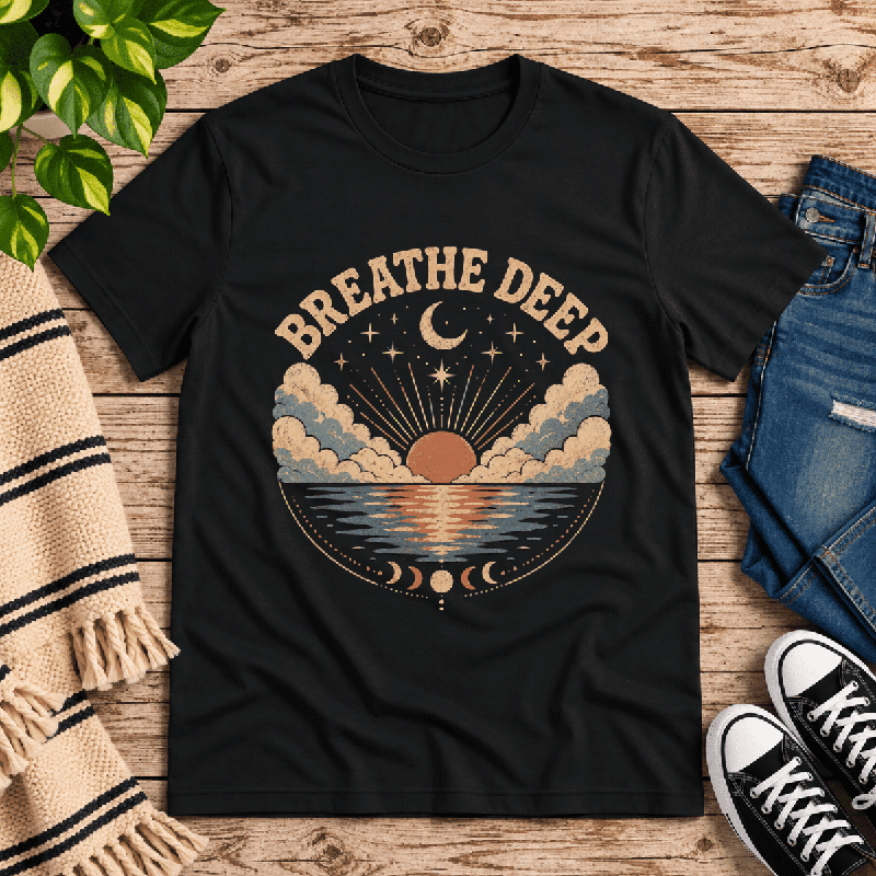 Breathe Deep Premium T-Shirt in vintage black, flat lay