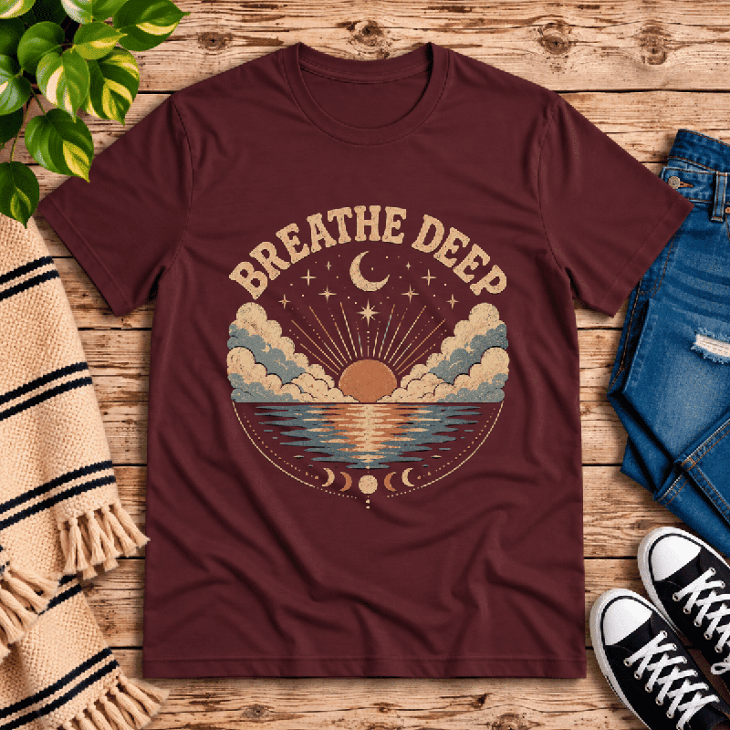 Breathe Deep Premium T-Shirt in maroon, flat lay