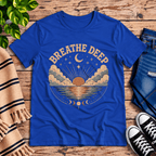 Breathe Deep Premium T-Shirt in true royal blue, flat lay with celestial sunset and moon-phase graphic