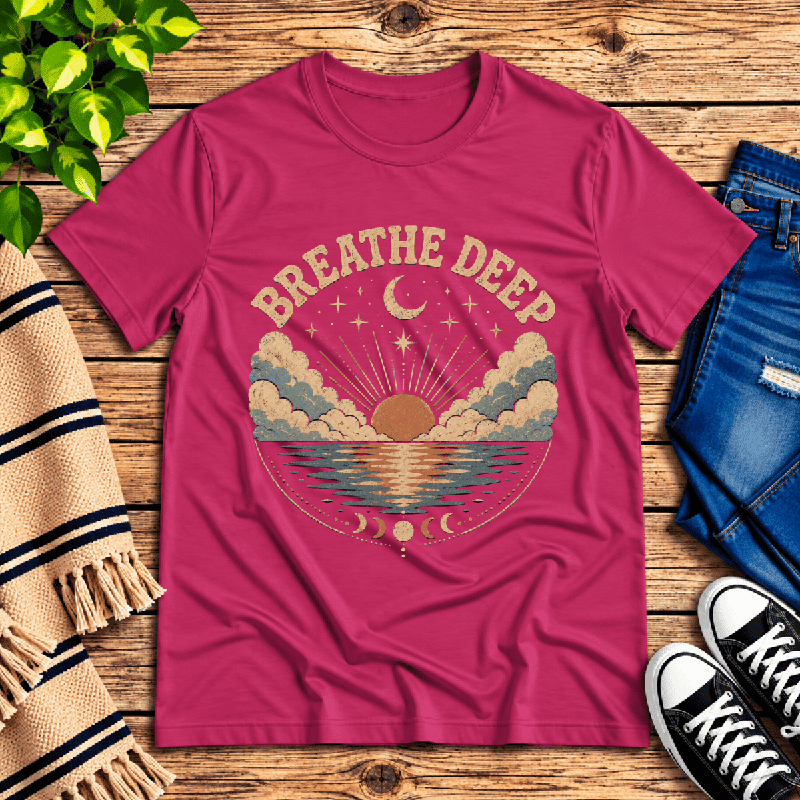 Breathe Deep Premium T-Shirt in berry, flat lay