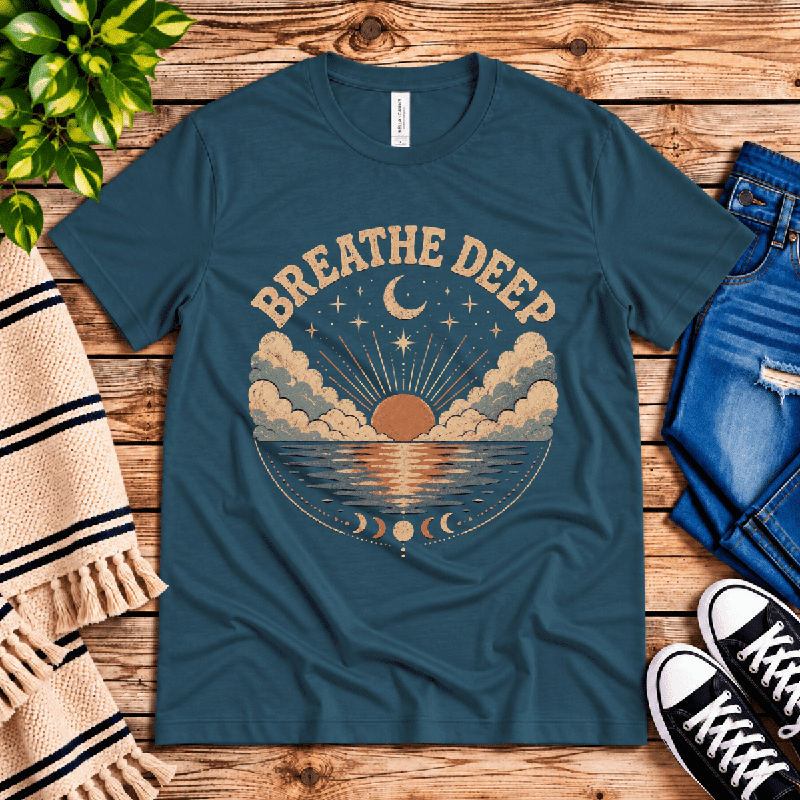 Breathe Deep Premium T-Shirt in deep teal, flat lay