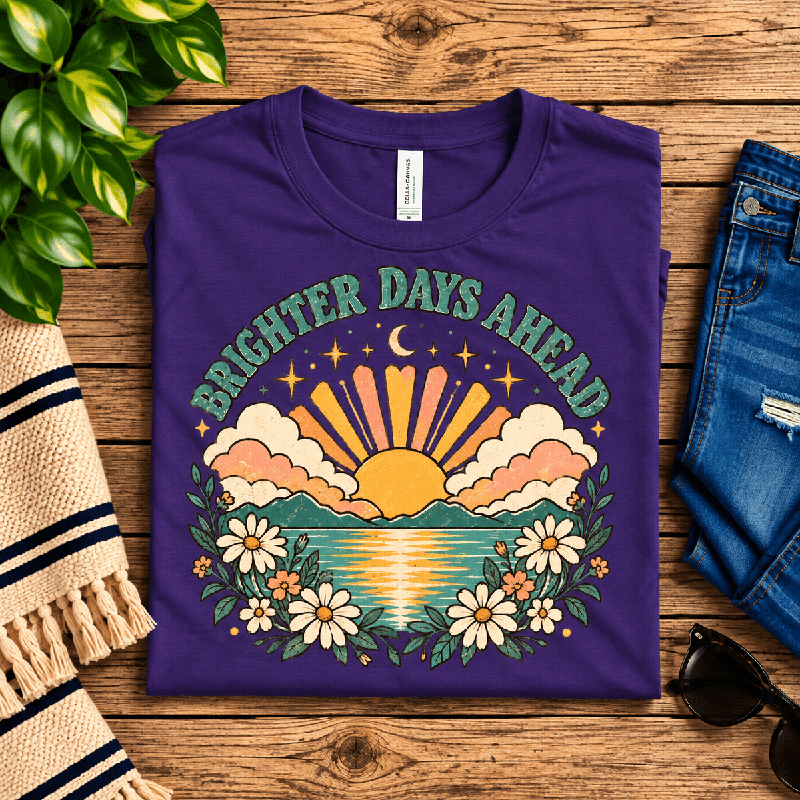 Brighter Days Ahead Premium T-Shirt in team purple, folded close-up with neck tag showing