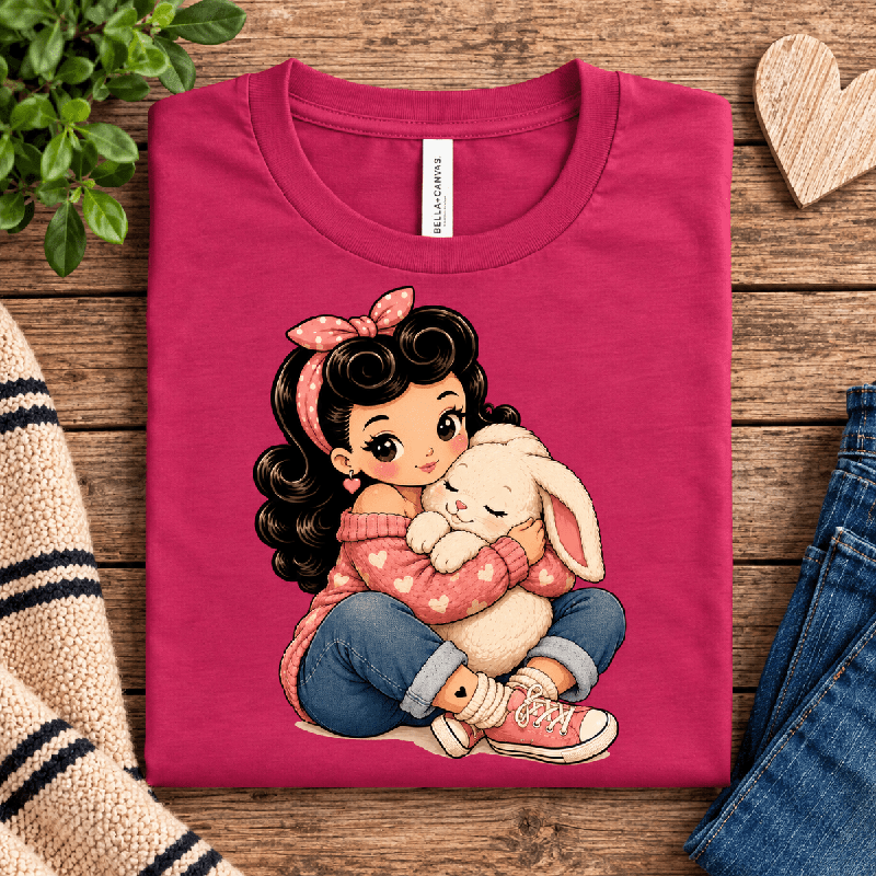 Bunny Bonnie Premium T-Shirt in berry, folded close-up with neck tag showing