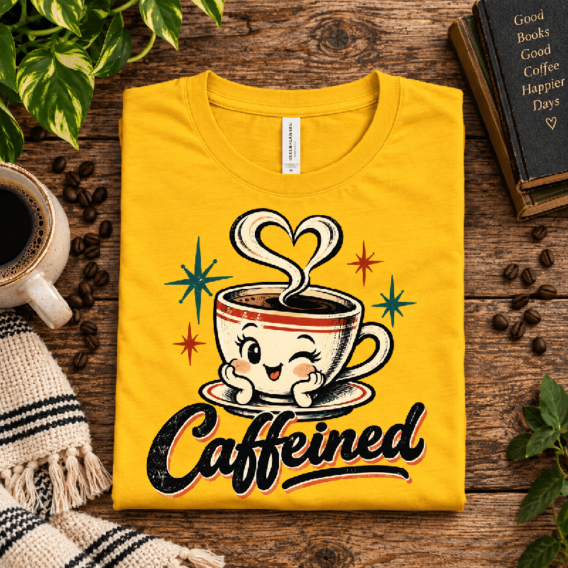 Caffeined Premium T-Shirt in gold, folded close-up styled with coffee beans and a mug