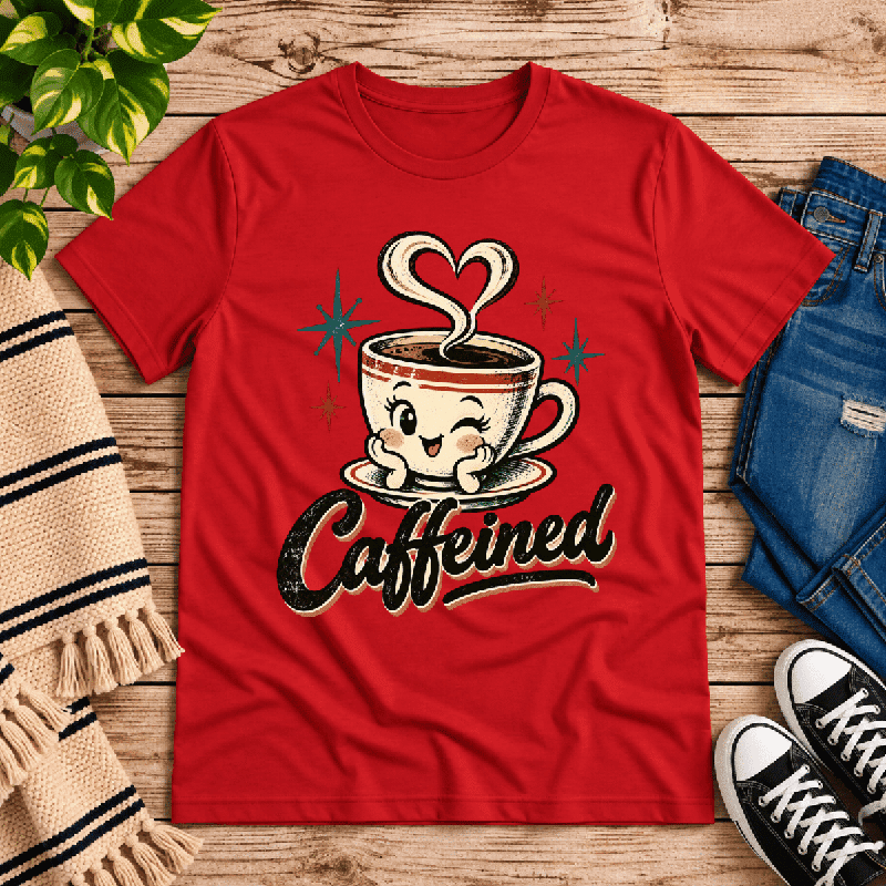 Caffeined Premium T-Shirt in red, flat lay