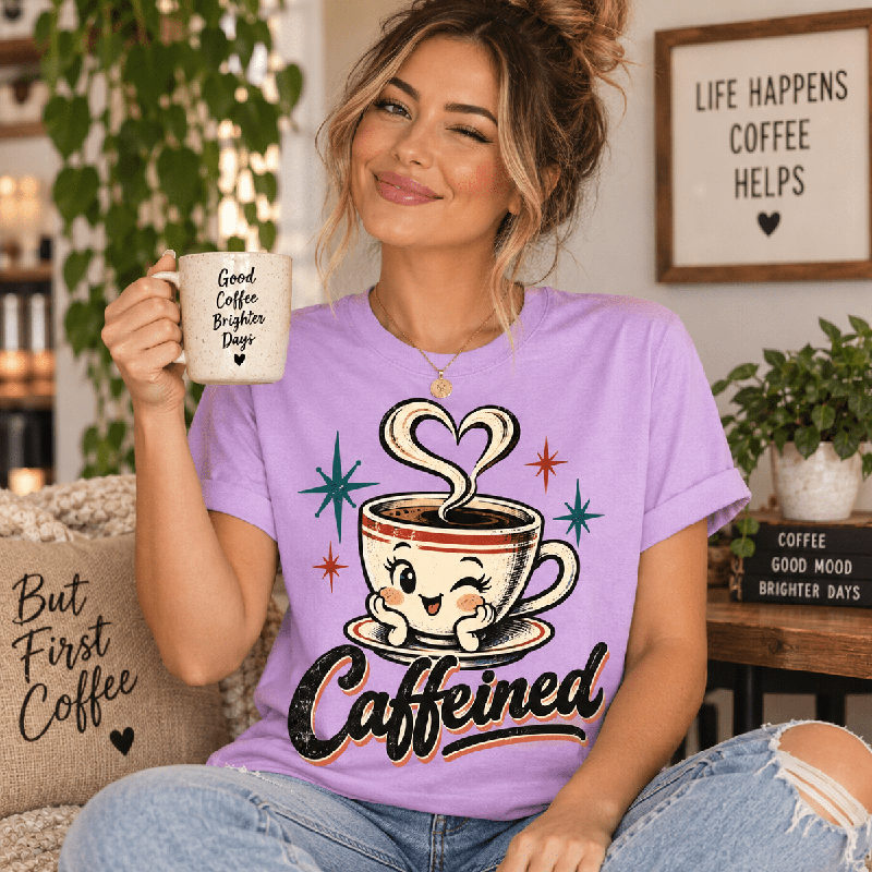 Woman winking and holding a mug, wearing the Caffeined Premium T-Shirt in lilac