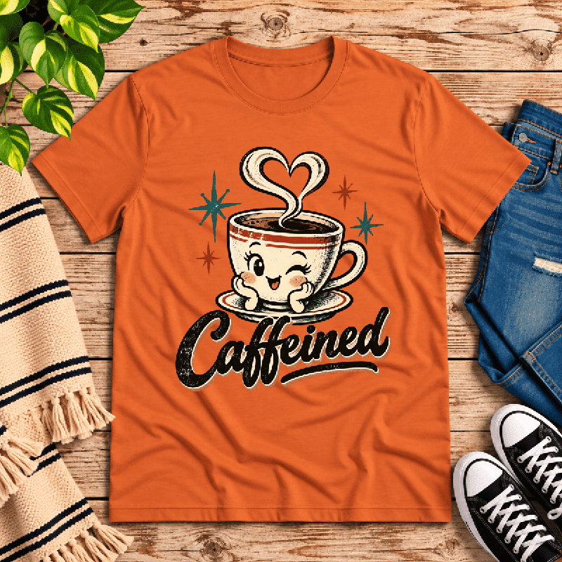 Caffeined Premium T-Shirt in burnt orange, flat lay