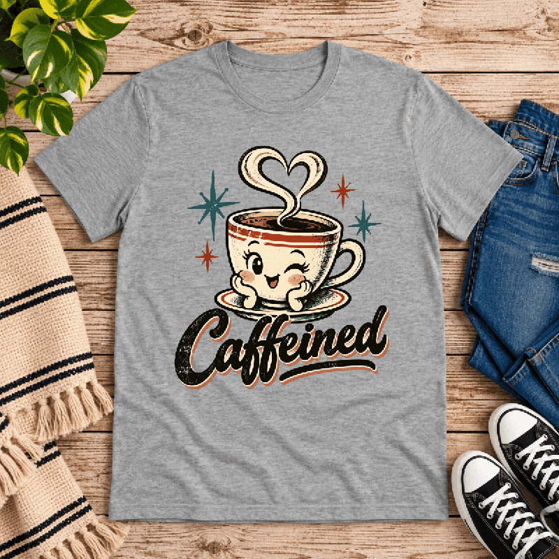 Caffeined Premium T-Shirt in athletic heather gray, flat lay with winking coffee cup and heart-steam graphic