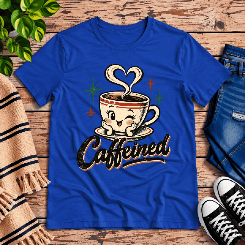 Caffeined Premium T-Shirt in true royal blue, flat lay