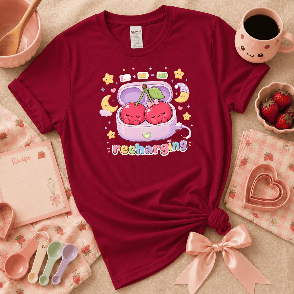 Recharging Cherries Kawaii cute fruit graphic t-shirt displayed in a cozy flat lay in cardinal red.