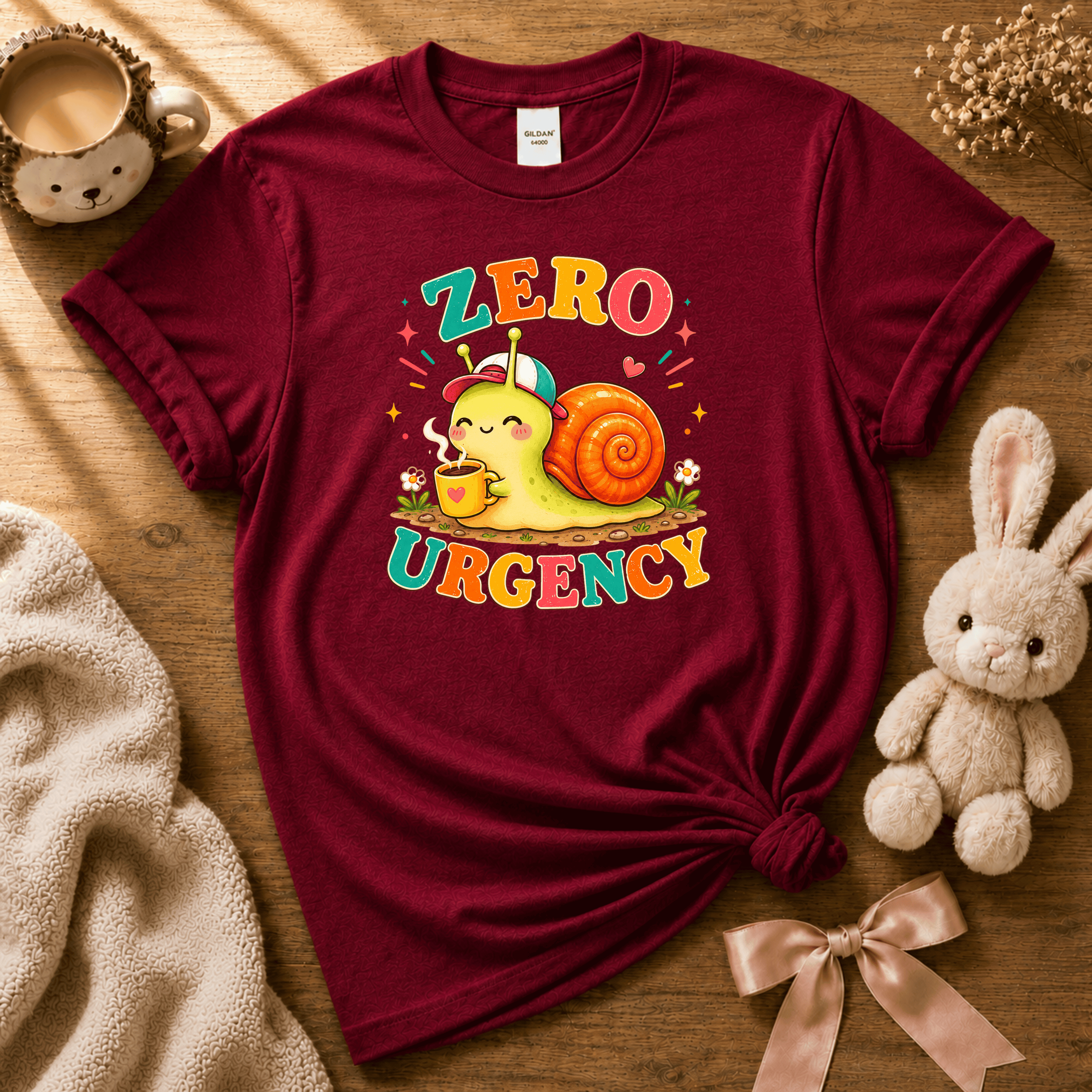 Zero Urgency cute animal graphic t-shirt displayed in a cozy flat lay in cardinal red.