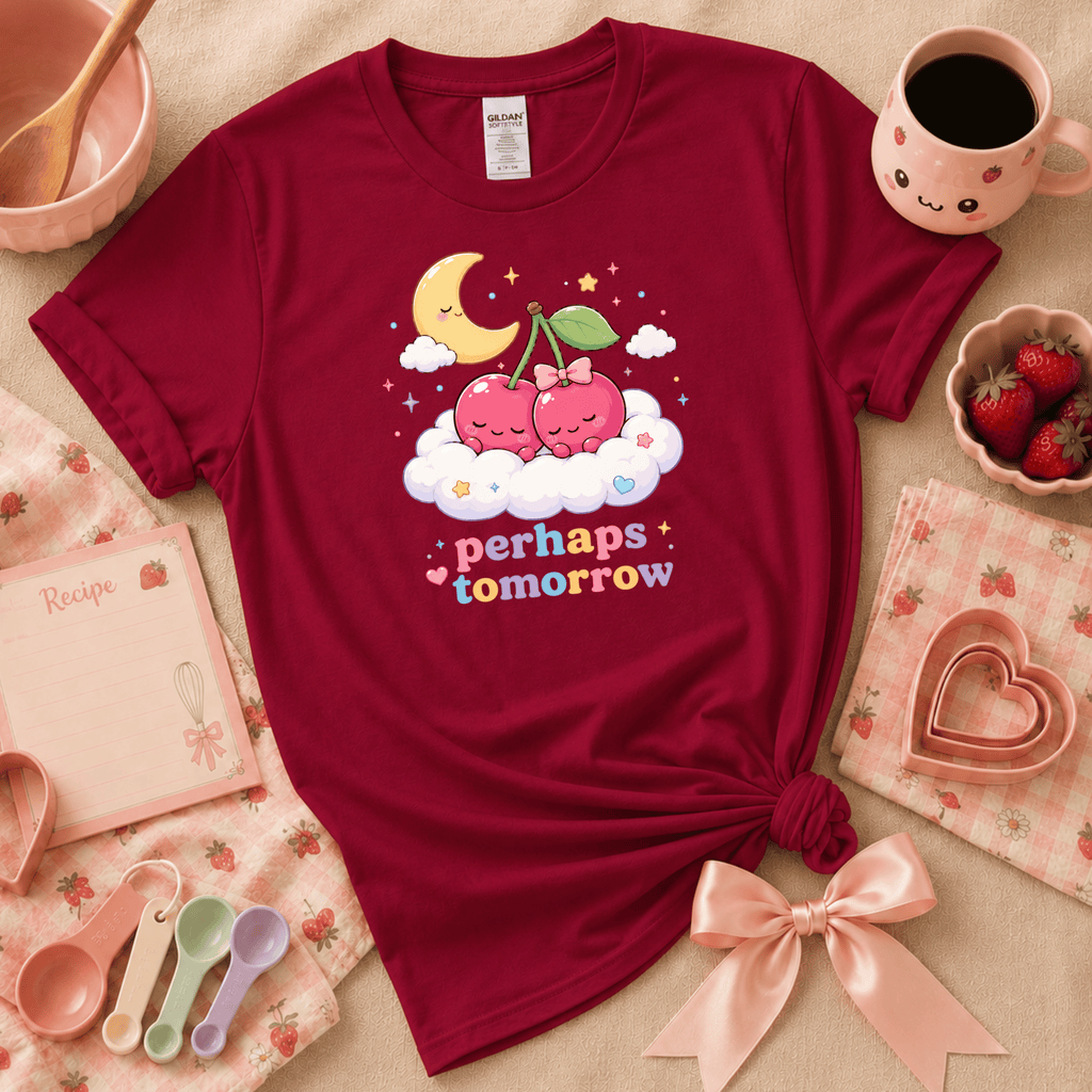 Perhaps Tomorrow Kawaii cute fruit graphic t-shirt displayed in a cozy flat lay in cardinal red.