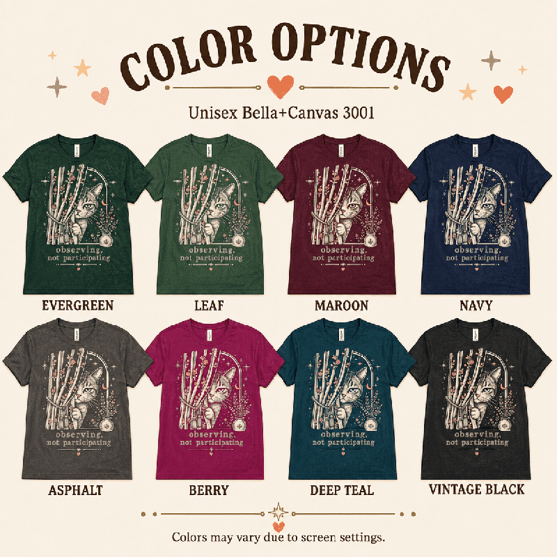 Cat Observing Premium T-Shirt color chart: Asphalt, Berry, Deep Teal, Evergreen, Leaf, Maroon, Navy, Vintage Black