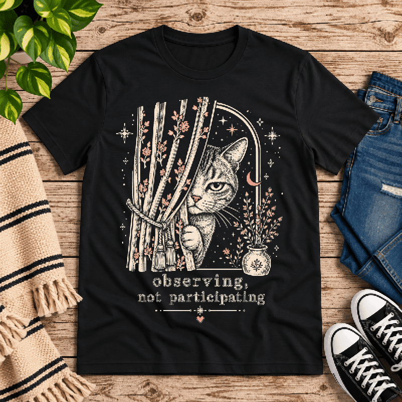 Cat Observing Premium T-Shirt in vintage black, flat lay