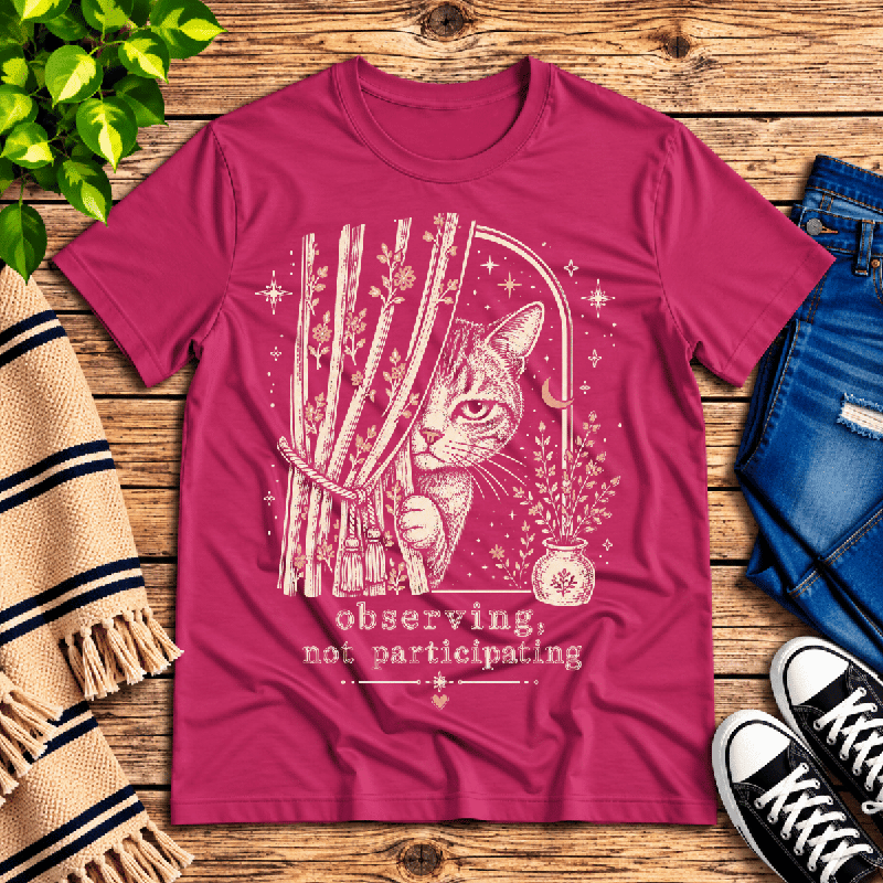 Cat Observing Premium T-Shirt in berry, flat lay