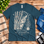 Cat Observing Premium T-Shirt in deep teal, flat lay with cat-peeking-through-curtains graphic