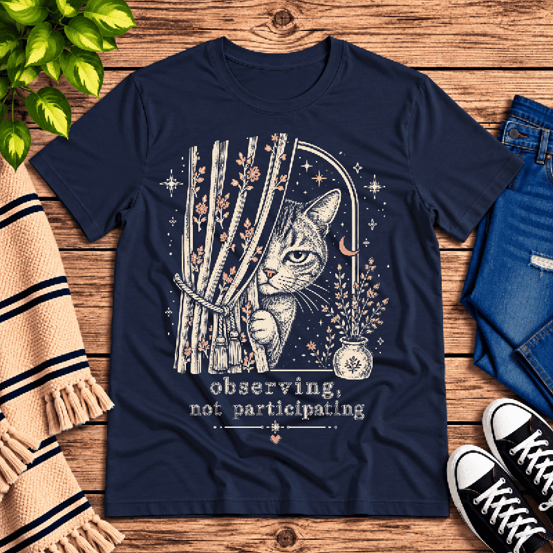 Cat Observing Premium T-Shirt in navy, flat lay
