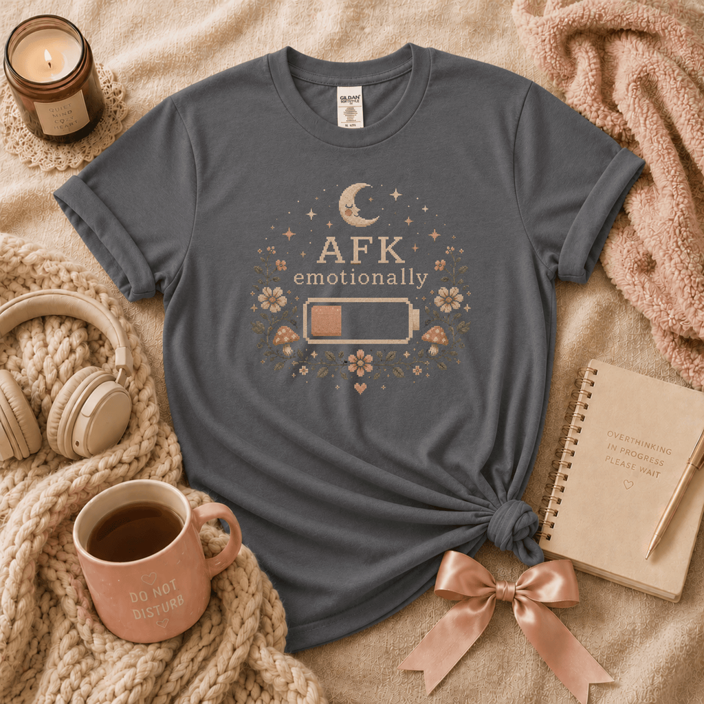 AFK introvert graphic t-shirt cozy flat lay in charcoal.